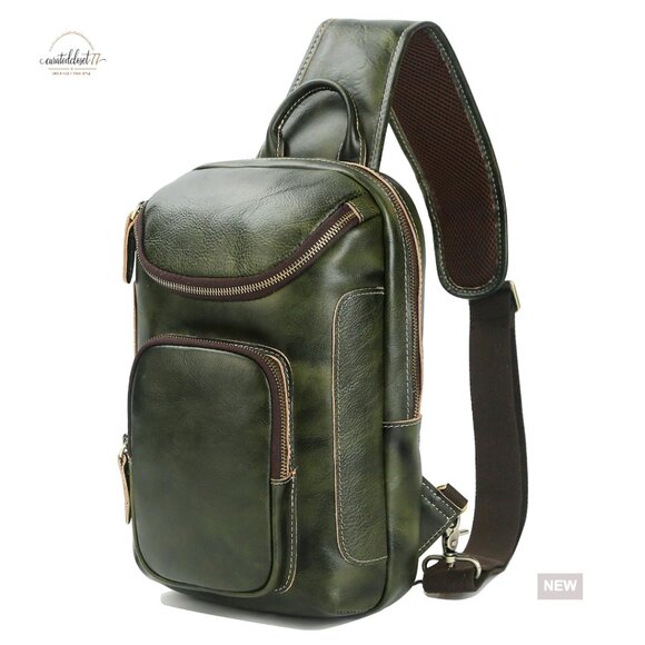 Full Grain Leather Sling Bag Crossbody Daypack Fits 10.5